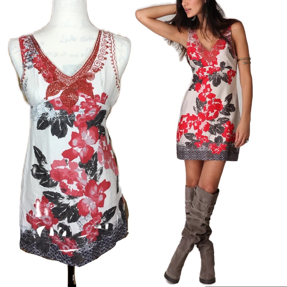 Free People Frock Embroidered Printed Shift Dress Size 2